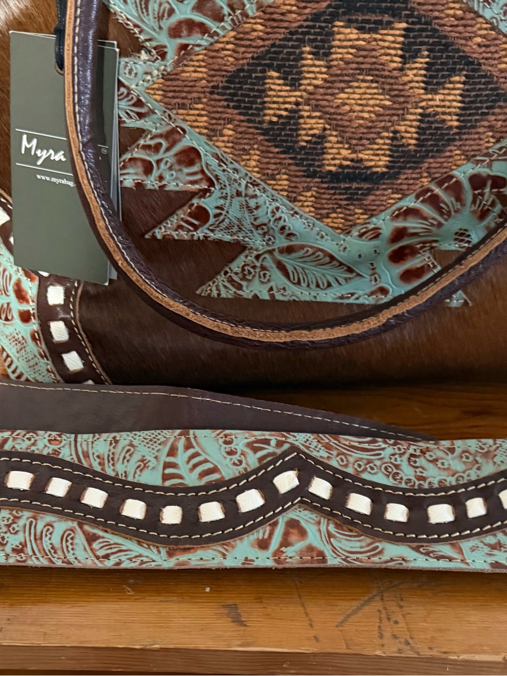 Myra Bag Brown, White & Turquoise Southwest Cowhide Tote - Picture 2 of 5